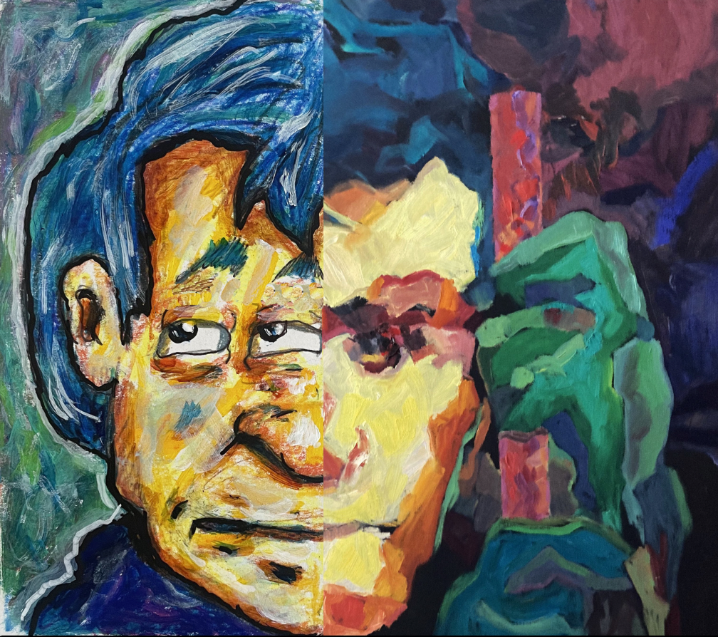 A painted portrait of a person with blue hair which has been vertically bifurcated. On the left, the subject is painted in clear, distinguished strokes, while the right half shows the subject rendered in board, abstract strokes.